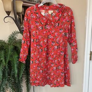 Urban Renewal Vintage Orange Floral Tunic Top Collared Blouse Lightweight Woven